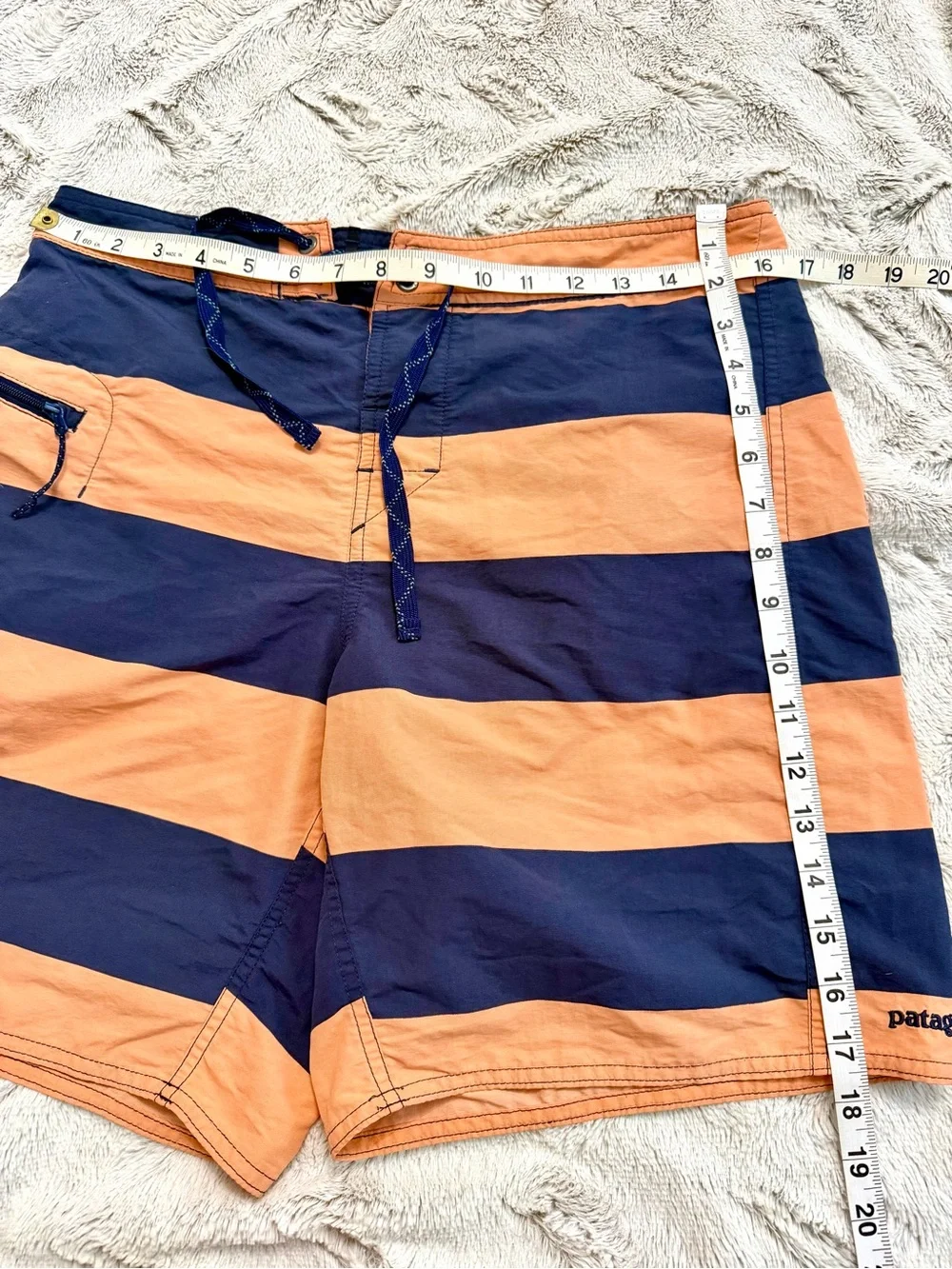 Patagonia Men’s Orange and Navy Wide-Stripe Swim Trunks